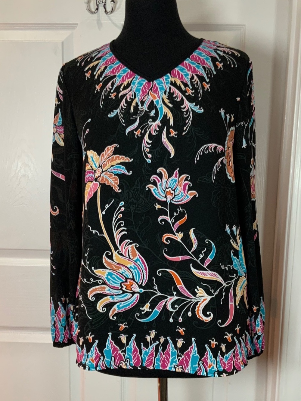Bob Mackie Wearable Art Long Sleeve Black Colorful Boho Tunic Top Size XXS